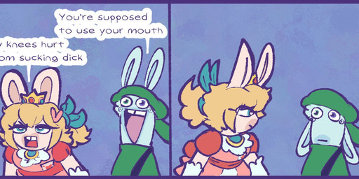 annoyed anthro armwear backwards_hat blonde_hair blue_background blue_body blue_clothing blue_eyelids blue_eyes blue_fur blue_hair_tie blue_inner_ear blue_line_art blue_overalls blue_skin border clothed clothed_anthro clothed_female clothed_male clothing crown dialogue duo ears_down elbow_gloves eyelashes female female_anthro fur gem gloves green_clothing green_eyes green_hat green_headwear green_shirt green_topwear hair half-closed_eyes handwear hat headgear headwear heterochromia long_ears looking_at_viewer male male_anthro mouth_closed narrowed_eyes open_mouth open_smile overalls pink_clothing pink_shirt pink_topwear pivoted_ears ponytail purple_border red_tongue ruby_(gem) sapphire_(gem) shirt simple_background smile spiral_markings tan_body tan_fur tan_inner_ear tan_skin teeth text tongue tooth_gap topwear turning_around white_armwear white_clothing white_elbow_gloves white_gloves white_handwear critterzone13 mario_bros mario_plus_rabbids_kingdom_battle nintendo raving_rabbids rayman_(series) ubisoft rabbid_luigi rabbid_peach lagomorph mammal rabbid 2023 colored_line_art comic crossover digital_drawing_(artwork) digital_media_(artwork) english_description english_text flat_colors