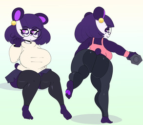 anthro big_breasts black_clothing black_legwear black_thigh_highs bottomwear breasts butt clothing dumbbell ear_piercing exercise eyewear feet female glasses hair humanoid_feet legwear looking_at_viewer looking_back looking_back_at_viewer pants piercing pink_clothing pink_eyes pink_shirt pink_topwear plantigrade purple_hair shirt sitting skirt solo standing sweater tank_top thigh_highs topwear touching_hair twirling_hair weights yoga_pants somescrub bear giant_panda mammal 2019