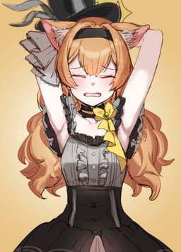 bangs clothed clothing dress eyebrows eyelashes eyes_closed female hair hands_behind_head hat headgear headwear inner_ear_fluff long_hair open_mouth orange_hair raised_arms solo top_hat tuft bow_(artist) blue_archive nexon mari_iochi animal_humanoid cat_humanoid felid felid_humanoid feline feline_humanoid humanoid mammal mammal_humanoid 2024