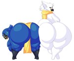 anthro big_butt biped butt duo huge_butt huge_hips huge_thighs looking_at_viewer looking_back looking_back_at_viewer male nude rear_view scarf simple_background smile thick_thighs wide_hips cytrusawa avian bird 2024 absurd_res digital_media_(artwork) hi_res