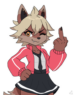 ahoge anthro bottomwear brown_body brown_fur clothing collared_shirt countershading cream_hair dipstick_ears ear_markings female fluffy fluffy_tail fur gesture hair hand_gesture middle_finger multicolored_ears shirt skirt solo tail topwear track_jacket anonymous_artist unknown_artist unknown_artist_signature bully_fox bully_fox_(robbie) canid canine fox mammal 4:5 signature source_request unavailable_at_source