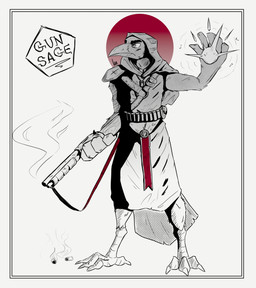 anthro barefoot beak border eyebrows feathers feet gun hood looking_forward male ranged_weapon smoke smoking_gun solo tail tail_feathers text weapon white_border mawkvlt izaan_raysmith_(mawkvlt) avian bird corvid corvus_(genus) crow oscine passerine hi_res