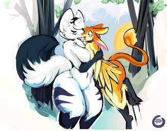 anthro blue_sky breast_squish breasts duo eyes_closed feathered_wings feathers female fur hug male male/female plant scared size_difference sky slightly_chubby smile squish tree white_body white_fur wings dirtyscoundrel avali canid canine fennec_fox fox hybrid mammal true_fox absurd_res character_request hi_res trans_(lore)