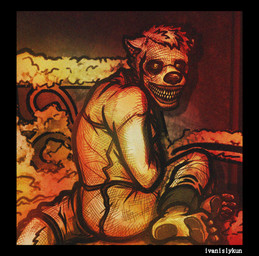 anthro bared_teeth barefoot black_sclera feet horror_(theme) looking_at_viewer male restraints smile solo straitjacket teeth yellow_eyes ivnislykun echo_(game) echo_(series) echo_project russian_sleep_experiment chase_hunter mammal mustelid otter river_otter film_grain hi_res letterbox