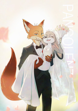 4_fingers anthro anthro_on_anthro black_tie_(suit) breasts bride bride_and_groom brown_body brown_fur carrying_another clothed clothing dress duo female fingers fur green_eyes grey_body grey_fur groom long_ears male male/female married_couple multicolored_body multicolored_fur one_eye_closed orange_body orange_fur suit tail tan_body tan_fur teeth wedding_dress pangolenz disney zootopia judy_hopps nick_wilde canid canine european_rabbit fox lagomorph leporid mammal oryctolagus rabbit red_fox true_fox hi_res