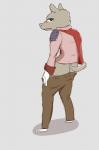 amputee anthro bottomwear bottomwear_down butt clothed clothing disability grey_background looking_at_viewer looking_back male pants pants_down partially_clothed scar simple_background solo unknown_artist poppy_opossum friedrich_(poppy_opossum) american_opossum mammal marsupial monodelphis hi_res