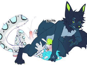 anthro balls black_body black_fur blue_hair blush blush_lines bodily_fluids claws cum cum_in_mouth cum_inside deep_throat drinking drinking_cum duo ejaculation erection face_mounting fellatio fur genital_fluids genitals green_eyes green_nose green_penis grey_body grey_fur hair hands-free humanoid_genitalia humanoid_penis interspecies lying male male/male markings nude on_back oral oral_orgasm oral_penetration orgasm penetration penile penis penis_in_mouth sex simple_background spots spotted_body sucking tail spac3kidd0 canid canine felid feline fox mammal pantherine snow_leopard 2024