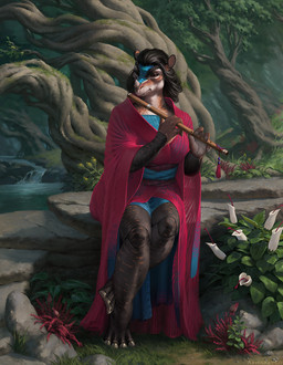 4_fingers anthro biped bottomwear breasts claws clothed clothed_anthro clothed_female clothing feet female fingers flower front_view fully_clothed fully_clothed_anthro fully_clothed_female hair outside plant sitting solo toes topwear tree water ariesredlo dinosaur prehistoric_species reptile scalie 2026 digital_drawing_(artwork) digital_media_(artwork)