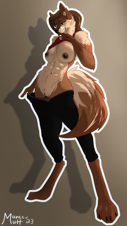 abs anthro big_tail biped bodily_fluids bottomwear bottomwear_down breasts brown_hair brown_nipples clothed clothed_anthro clothed_female clothing digitigrade eyewear female female_anthro genital_fluids genitals glasses hair muscular muscular_female nipples outline pants pants_down partially_clothed paws ponytail shirt solo sweatpants tail tank_top topwear vaginal_fluids vulva wearing_glasses white_outline mangomutt luttie canid canine canis domestic_dog german_shepherd herding_dog hybrid mammal pastoral_dog wolf wolfdog 2023 absurd_res dated hi_res