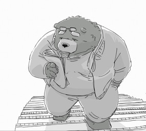 anthro bottomwear clothing eyewear glasses kemono male overweight overweight_male pants reading shirt solo topwear pommn_mn bear mammal 2026 hi_res