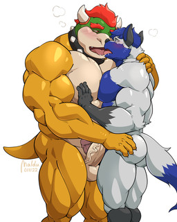 anthro anthro_on_anthro balls biceps big_muscles blush bodily_fluids butt collar drooling duo erection eye_contact eyebrows french_kissing frottage fur genitals hair hand_on_back hand_on_butt hand_on_chest horn hug huge_muscles humanoid_genitalia humanoid_penis kissing looking_at_another male male/male muscular muscular_anthro muscular_male narrowed_eyes nude open_mouth pecs penile penis penises_touching quads saliva saliva_on_tongue saliva_string sex simple_background spiked_collar spikes standing teeth tongue tongue_out tuft vein white_background maldu mario_bros nintendo bowser canid canine canis koopa mammal scalie wolf 2022 4:5 absurd_res dated hi_res signature