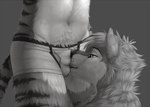 anthro boxer_briefs bulge bulge_in_face bulge_nuzzling clothed clothing crotch_sniffing duo faceless_character faceless_male fur half-closed_eyes interspecies male male/male male_anthro narrowed_eyes navel simple_background sniffing striped_body striped_fur stripes tongue underwear wagnermutt mutt_(wagnermutt) yekkusu canid canine canis domestic_dog felid feline mammal pantherine tiger 2017 digital_media_(artwork) greyscale monochrome