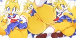 anthro anus biped blue_eyes bottomwear clothing female fingers footwear fur genitals looking_at_viewer low-angle_view multicolored_body multicolored_fur multicolored_tail pupils pussy shoes skirt solo standing tail topwear white_body white_fur white_tail yellow_body yellow_fur yellow_tail krokobyaka sega sonic_the_hedgehog_(series) miles_prower canid canine fox mammal hi_res