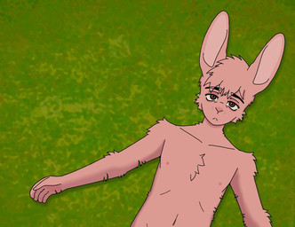 anthro eye_bags grass hair lying lying_on_ground male on_back on_ground pink_body pink_hair plant solo bloom_puffson lagomorph mammal hi_res