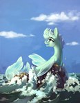 alternate_species amber_eyes blue_sky cloud female feral green_body green_hair hair rock sea sky solo water wave 28gooddays friendship_is_magic hasbro my_little_pony lyra_heartstrings_(mlp) fish marine seapony_(mlp) absurd_res hi_res