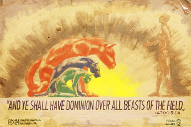 anthro bald blue_body bowing green_body group kneeling male nude_anthro nude_human orange_body pale_body quote scripture size_difference speciesism text textured_paper worship jeri_kleinlowe canid canine canis domestic_cat domestic_dog equid equine felid feline felis horse human mammal 2020 colored english_text