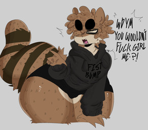 angry anthro big_butt black_bottomwear black_clothing black_hoodie black_shorts black_topwear bottomwear brown_body brown_fur butt clothed clothed_anthro clothed_male clothing curvy_figure dialogue femboy fluffy fluffy_tail fully_clothed fur hoodie huge_thighs looking_at_viewer male markings open_mouth profanity shorts simple_background solo striped_markings striped_tail stripes tail tail_markings text thick_thighs topwear wide_hips v4mp1333 cartoon_network regular_show rigby_(regular_show) mammal procyonid raccoon absurd_res english_text hi_res