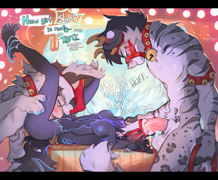 anthro balls black_body black_fur black_nose blue_nipples breasts christmas_clothing christmas_headwear clothing eyes_closed female fur genitals group hat headgear headwear holidays male male/female nipples oral oral_penetration penetration penis pink_nose santa_hat text tongue tongue_out trio white_balls white_body white_fur hyilpi christmas canid canine felid feline mammal english_text