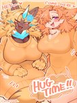 anthro big_breasts blush breasts duo female female/female flower hair horn mythical one_eye_closed open_mouth plant simple_background smile text wink comifur fictional nintendo pokemon aurora_(nbanoob) loomy_(comifur) canid generation_7_pokemon legendary_pokemon mammal pokemon_(species) zeraora 3:4 english_text hi_res