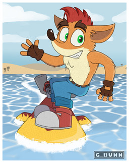 anthro beach belt blue_bottomwear blue_clothing blue_pants board body_hair bottomwear chest_hair clothing cloud cloudy_sky day ears_up eyebrows footwear fur globe hair light looking_at_viewer male mohawk motor orange_body orange_fur palm_tree pants plant red_hair sea shoes sky smile smiling_at_viewer sneakers solo sunlight surf surfboard teeth thick_eyebrows toony trail tree water g_bunn activision crash_bandicoot_(series) crash_bandicoot sea_foam bandicoot mammal marsupial hi_res