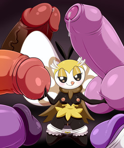 antennae_(anatomy) anthro areola ball_fondling balls bloomers bodily_fluids bottomwear breasts clothed clothing female fondling foreskin frilly frilly_bloomers frilly_bottomwear frilly_clothing genital_fluids genitals group half-closed_eyes humanoid_genitalia humanoid_penis licking licking_lips licking_own_lips male male/female micro mostly_offscreen_character narrowed_eyes panties panties_down partially_clothed penile penis precum size_difference smaller_female solo_focus tongue tongue_out underwear underwear_down vulva white_bloomers wings lonbluewolf nintendo pokemon arthropod generation_7_pokemon pokemon_(species) ribombee 2023 5:6 digital_media_(artwork) hi_res