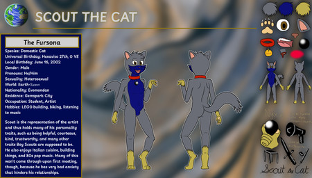 anthro blue_body blue_fur brown_eyes butt collar collar_only fur grey_body grey_fur male nude pawpads planet solo text yellow_body yellow_fur scoutthecat02 scout_the_cat_(character) domestic_cat felid feline felis mammal english_text hi_res model_sheet