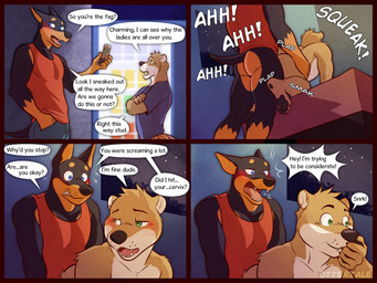 anal anal_penetration anthro anthro_on_anthro anthro_penetrated anthro_penetrating anthro_penetrating_anthro bicurious black_body black_fur black_nose blush bottomless bottomless_anthro bottomless_male brown_body brown_fur butt clothed clothed_anthro clothed_male clothing dialogue duo fangs from_behind_position fur homophobic_slur machine male male/male male_penetrated male_penetrating male_penetrating_male money night nude nude_anthro nude_male penetration penile penile_penetration penis_in_ass platform_standing_doggystyle prostitution sex shirt speech_bubble standing_doggystyle t-shirt tank_top teeth text topwear vending_machine whiskers ventkazemaru canid canine canis dobermann domestic_dog mammal mustelid otter pinscher comic english_text hi_res
