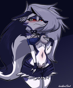 4_fingers anthro arm_tuft barely_visible_genitalia barely_visible_vulva belly_blush big_tail biped black_clothing black_collar black_eyebrows black_gloves black_handwear black_nose blue_background blue_body blue_bottomwear blue_clothing blue_fur blue_shirt blue_shorts blue_tail blue_topwear blush blush_lines body_blush bottomwear bottomwear_pull breast_squish breasts cheek_tuft clothed clothed_anthro clothed_female clothing clothing_pull collar ears_down embarrassed eyebrows eyelashes eyeshadow facial_tuft female female_anthro fingerless_gloves fingers fur genitals gloves grey_hair hair half-closed_eyes handwear legs_together long_hair looking_away makeup mouth_closed multicolored_body multicolored_fur multicolored_tail narrowed_eyes navel nipple_outline off_shoulder one_breast_out pivoted_ears pussy_tape red_sclera shirt shorts shorts_pull shoulder_tuft simple_background solo spiked_collar spikes squish tail tape text topwear tuft two_tone_body two_tone_fur vulva vulva_blush white_body white_eyes white_fur white_tail carbonfloof hellaverse helluva_boss mythology pussy-cat_(meme) loona_(helluva_boss) canid canid_demon canine demon hellhound mammal mythological_canine mythological_creature 2026 5:6 absurd_res artist_name digital_media_(artwork) hi_res meme