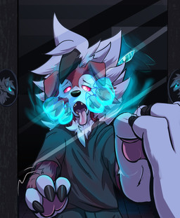 3_fingers anthro anthro_pov blue_eyes claws clothed clothing disembodied_hand duo fangs finger_claws fingers first_person_view floppy_ears fully_clothed fur fur_growth ghost_hand glowing glowing_eyes green_clothing green_shirt green_topwear growth human_to_anthro hypnosis hypnotic_eyes looking_at_reflection looking_at_self lop_ears male male_pov mid_transformation mind_control mirror open_mouth pawpads pink_pawpads possession red_body red_eyes red_fur ringed_eyes shirt species_transformation standing teeth tongue tongue_out topwear transformation transformation_pov white_body white_fur toshabi nintendo pokemon canid canine generation_7_pokemon ghost human lycanroc mammal midnight_lycanroc pokemon_(species) spirit 2021 hi_res shaded