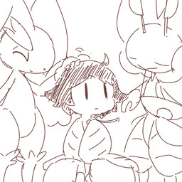 anthro featureless_crotch group hair simple_background crepix nintendo pokemon hilbert_(pokemon) generation_4_pokemon generation_5_pokemon human lagomorph leavanny lopunny mammal pokemon_(species) 1:1 2015 brown_and_white monochrome