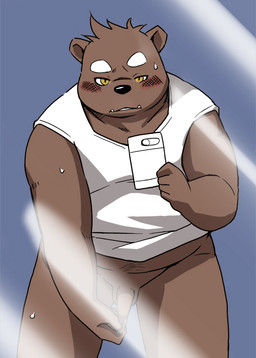 anthro balls blush bottomless brown_body brown_fur camera_view cellphone clothed clothing electronics flaccid foreskin foreskin_play foreskin_pull foreskin_stretching fur genitals humanoid_genitalia humanoid_penis long_foreskin male penis phone shirt simple_background slightly_chubby solo standing t-shirt topwear unretracted_foreskin white_body white_fur takagi_kyou bear mammal