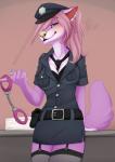 anthro big_breasts blue_eyes blush bra breasts cleavage clothed clothing costume cuff_(restraint) ear_piercing female fishnet_clothing fur garter_straps hair handcuffs legwear lingerie looking_at_viewer metal_cuffs necktie piercing pink_body pink_fur pink_hair police police_uniform restraints shackles smile solo suggestive thigh_highs underwear uniform wolflady roxy_bradingham canid canine canis mammal wolf digital_media_(artwork)