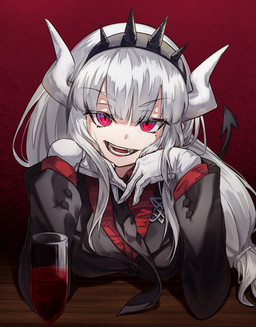 accessory arm_support beverage clothing collared_shirt container cup dress_shirt drinking_glass female glass glass_container glass_cup gloves hair handwear headband horn long_hair looking_at_viewer markings mole_(marking) necktie not_furry occult_symbol open_mouth red_eyes shirt sigil sigil_of_lucifer simple_background solo spade_tail suit symbol tail teeth topwear white_body white_hair white_horn white_skin wine_glass ildy helltaker lucifer_(helltaker) demon demon_humanoid humanoid absurd_res hi_res