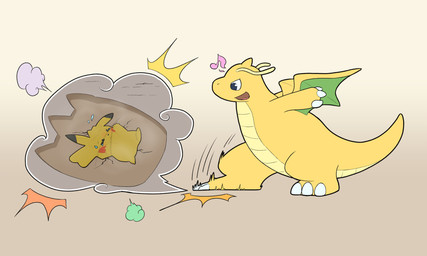 ambiguous_gender black_body black_fur claws duo dust_cloud eyes_closed female feral flattened footprint fur membrane_(anatomy) membranous_wings musical_symbol open_mouth orange_body orange_scales red_body red_cheeks red_fur scales size_difference stomped symbol tan_body tan_scales wings yellow_body yellow_fur kareha_21909 nintendo pokemon dragonite generation_1_pokemon pikachu pokemon_(species) 5:3 hi_res