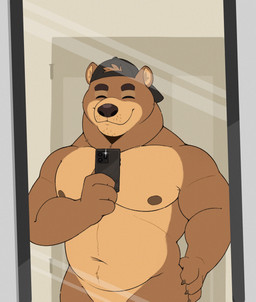 anthro backwards_baseball_cap backwards_hat barazoku baseball_cap belly black_nose brown_body brown_fur cellphone clothing countershading crotch_lines electronics eyebrows eyes_closed facial_hair fur hair hair_through_hat hand_on_hip hat hat_only headgear headgear_only headwear headwear_only holding_object holding_phone male mirror mirror_selfie mostly_nude mostly_nude_male multicolored_body multicolored_fur musclegut muscular muscular_anthro muscular_male navel nipples pecs phone selfie slightly_chubby slightly_chubby_male smartphone smile solo stubble tan_body tan_fur trapezius two_tone_body two_tone_fur hitzuca arches_(game) echo_(series) echo_project devon_ortega bear brown_bear mammal ursine half-length_portrait hi_res portrait