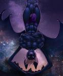 abs anthro athletic biceps big_bulge black_nose blue_body blue_fur bulge clothed clothing crossed_arms dangling detailed_background fangs front_view fur glowing glowing_eyes grin hair looking_at_viewer male membrane_(anatomy) membranous_wings muscular muscular_anthro muscular_male navel night night_sky_body outside pecs pose purple_eyes purple_sky short_hair sky smile solo speedo star starry_sky swimwear teeth topless triceps underwear upside_down white_hair wings vallhound nightswing bat mammal 2015 colored digital_media_(artwork) hi_res pinup portrait shaded three-quarter_portrait