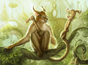 anthro biped city cityscape claws front_view fur hammer holding_object key nude outside plant prehensile_tail sitting solo tail tools tree whiskers shreya_shetty hasbro magic:_the_gathering wizards_of_the_coast felid haplorhine hybrid mammal monkey primate official_art