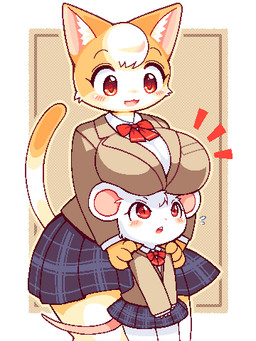 alternative_fashion anthro big_breasts blush boob_hat bottomwear bow_tie breasts clothed clothing dipstick_tail duo ear_tuft female fur gyaru j-fashion kemono kogal larger_female markings miniskirt multicolored_body multicolored_fur pattern_clothing pink_inner_ear pink_tail plaid plaid_clothing pleated_skirt red_eyes school_uniform simple_background size_difference skirt smaller_female surprised tail tail_markings tuft two_tone_body two_tone_fur uniform white_body white_fur takiune_(pixiv) domestic_cat felid feline felis mammal mouse murid murine rodent 2022 3:4 aliasing digital_media_(artwork) low_res oekaki pixel_(artwork) portrait three-quarter_portrait