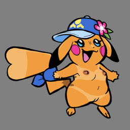 accessory anthro areola black_ear_tips blue_eyes blush blushing_profusely bow_ribbon clothing dipstick_ears ear_markings female feral fur furgonomics genitals grey_background happy hat hat_flower headgear headwear heart_symbol heart_tail inner_labia mostly_nude multicolored_ears nipples open_mouth open_smile orange_body orange_fur pink_cheeks simple_background slightly_chubby smile smiling_at_viewer solo suntan tail tail_accessory tan_line vulva raunchyriot nintendo pokemon pokemon_winds_and_waves ms._wavychu generation_1_pokemon pikachu pokemon_(species) 1:1 digital_media_(artwork) hi_res