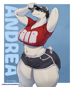 5_fingers anthro big_breasts black_hair bottomwear breasts clothed clothing curvy_figure female fingers fur hair hat headgear headwear hotpants huge_breasts midriff navel pawpads short_hair shorts solo text thick_thighs topwear voluptuous white_body white_fur wide_hips mainlinemojo andrea_novak bear mammal polar_bear ursine 2026 artist_name hi_res portrait three-quarter_portrait url