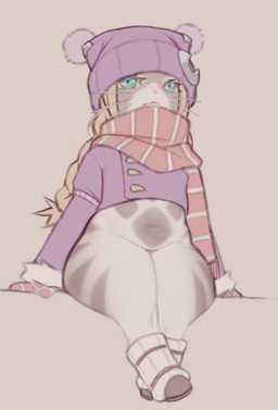 4_fingers anthro beanie biped blonde_hair blue_eyes bottomless bottomless_anthro bottomless_female braided_hair braided_pigtails clothed clothed_anthro clothed_female clothing digitigrade eyelashes facial_markings featureless_crotch feet female female_anthro fingerpads fingers footwear front_view fur fur_markings hair handpaw hat head_markings headgear headwear jacket leg_markings long_hair markings mask_(marking) monotone_hair mouth_closed multicolored_body multicolored_fur navel pattern_clothing pattern_scarf pawpads paws pear-shaped_figure pigtails pink_nose purple_clothing purple_headwear purple_jacket purple_topwear red_scarf scarf shoes shortstack shortstack_female simple_background sitting socks solo striped_body striped_clothing striped_fur striped_scarf stripes tan_body tan_fur thick_thighs thigh_markings topwear whiskers white_body white_clothing white_footwear white_fur white_socks wide_hips yellow_sclera harsh-mallowz capcom monster_hunter monster_hunter_stories_2:_wings_of_ruin tsukino_(monster_hunter_stories) felid felyne lynian mammal 2026 digital_media_(artwork) hi_res