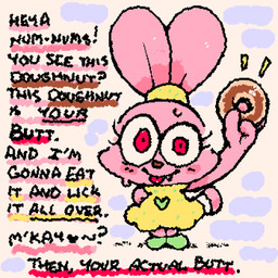anthro big_eyes biped black_text bodily_fluids clothed clothed_anthro clothed_female clothing cute_fangs dessert dialogue doughnut dress emanata exclamation_point eyelashes fangs female female_anthro fingers food footwear green_clothing green_footwear green_shoes hand_behind_back heart_symbol holding_doughnut holding_food holding_object intimidation iris looking_at_viewer pastry pink_body pink_ears pupils question_mark red_eyes red_tongue shoes solo squigglevision standing stare suggestive suggestive_food sweat tail talking_to_viewer teeth text tied_ears tongue tongue_out white_sclera yellow_clothing yellow_dress young young_anthro young_female ligma_(artist) cartoon_network chowder_(series) panini_(chowder) lagomorph leporid mammal rabbit 1:1 2026 animated archived_source digital_drawing_(artwork) digital_media_(artwork) english_text handwritten_text wigglypaint_(artwork)