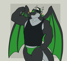 anthro biceps black_body black_clothing black_shirt black_topwear bulge clothed clothing flexing flexing_bicep green_clothing green_eyes green_underwear grey_body hair hat head_tuft headgear headwear horn male membrane_(anatomy) membranous_wings muscular muscular_male pantsless pecs shirt short_hair simple_background smug solo tail teeth topwear tuft underwear wings andeandog mythology dragon mythological_creature mythological_scalie scalie absurd_res flat_colors hi_res