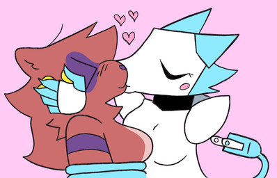 anthro blush blush_stickers cheek_markings duo electrical_plug_tail eyelashes eyes_closed facial_markings female female/female head_markings heart_symbol holding_head kiss_on_lips kissing long_eyelashes machine markings pink_background restrained simple_background tuft whip wrapped_up bigsteppies deltarune undertale_(series) noodle_(aimkid) tasque_manager darkner domestic_ferret felid feline mammal mustelid musteline robot robot_anthro true_musteline weasel
