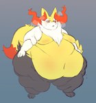 anthro belly belly_overhang big_belly black_body black_fur bodily_fluids breath fat_arms fat_legs female fluffy fluffy_tail fur half-closed_eyes inner_ear_fluff morbidly_obese morbidly_obese_anthro morbidly_obese_female narrowed_eyes navel neck_tuft obese obese_anthro obese_female orange_eyes overweight overweight_anthro overweight_female simple_background solo standing sweat sweatdrop tail tuft white_body white_fur yellow_body yellow_fur huwon nintendo pokemon braixen generation_6_pokemon pokemon_(species) 2022 full-length_portrait hi_res portrait