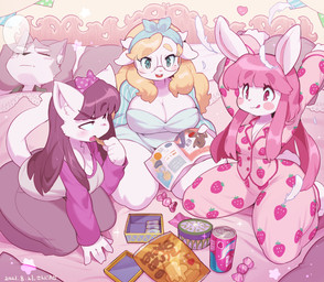 accessory anthro bed beverage_can big_breasts black_bottomwear black_clothing black_hair black_pants blonde_hair blue_clothing blue_eyes blue_shirt blue_topwear bodily_fluids bottomwear bow_ribbon breasts bubble candy cheek_tuft cleavage clothed clothing dessert ear_tuft eating eyelashes eyewear facial_tuft feathers female food fur furniture glasses green_clothing green_shirt green_topwear group hair hair_accessory hairband heart_symbol honey_(food) horn kneeling kneeling_on_bed magazine markings mole_(marking) mole_under_eye on_bed pajamas pants pennant_banner pillow pillow_fight pink_body pink_eyes pink_fur pink_hair purple_clothing purple_shirt purple_topwear rosy_cheeks round_glasses shirt sleeping sleepover snot snot_bubble star strawberry_pattern tail thick_thighs tongue tongue_out topwear tuft white_body white_fur sanjiro chao_pyon_pyon ginboshi_(ziroro326) jyuri_(ziroro326) mei-chan_(kaeritai07) bovid canid canine canis caprine domestic_cat domestic_dog felid feline felis goat lagomorph leporid mammal rabbit wolf 2021 dated hi_res