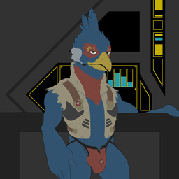 anthro beak biped blue_body blue_feathers bulge clothed clothing detailed_bulge electronics feathers flight_jacket front_view genital_outline green_eyes grey_background headgear headphones headset jacket jockstrap kerchief looking_at_viewer male male_anthro neckerchief neckwear open_clothing open_jacket open_topwear pantsless_anthro pantsless_male penis_outline red_body red_clothing red_feathers red_jockstrap red_kerchief red_neckerchief red_underwear shirtless_anthro shirtless_male simple_background solo standing topwear underwear yellow_beak incubus-valentine nintendo star_fox star_fox_(2026) falco_lombardi avian bird 1:1 2026 digital_drawing_(artwork) digital_media_(artwork)