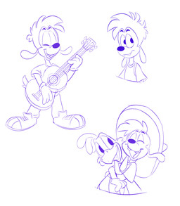 acoustic_guitar anthro beak buckteeth clothing duo eyebrows eyes_closed floppy_ears gloves guitar handwear happy male musical_instrument open_mouth open_smile plucked_string_instrument smile string_instrument teeth young dead-outside disney goof_troop the_three_caballeros max_goof panchito_pistoles avian bird canid canine canis chicken domestic_dog galliform mammal phasianid 2021 blue_and_white hi_res monochrome