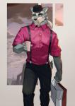 anthro bottomwear clothed clothing fur hat headgear headwear holding_object male pants shirt solo suspenders topwear wball canid canine canis mammal wolf 2018 digital_media_(artwork) hi_res