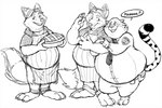 anthro apron belly big_cheeks bottomwear chubby_cheeks clothing dessert dialogue duo food hug humanoid_hands male male/male necktie overweight overweight_male pants pastry pie police police_uniform shirt text topwear uniform arley_dog disney zootopia benjamin_clawhauser gideon_grey canid canine cheetah felid feline fox mammal red_fox true_fox 2019 monochrome